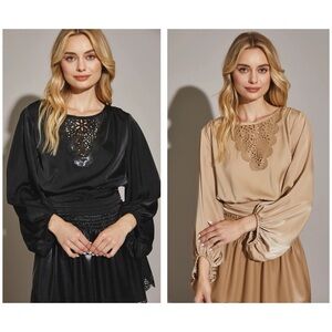 Laser Cut Bib Satin Blouse